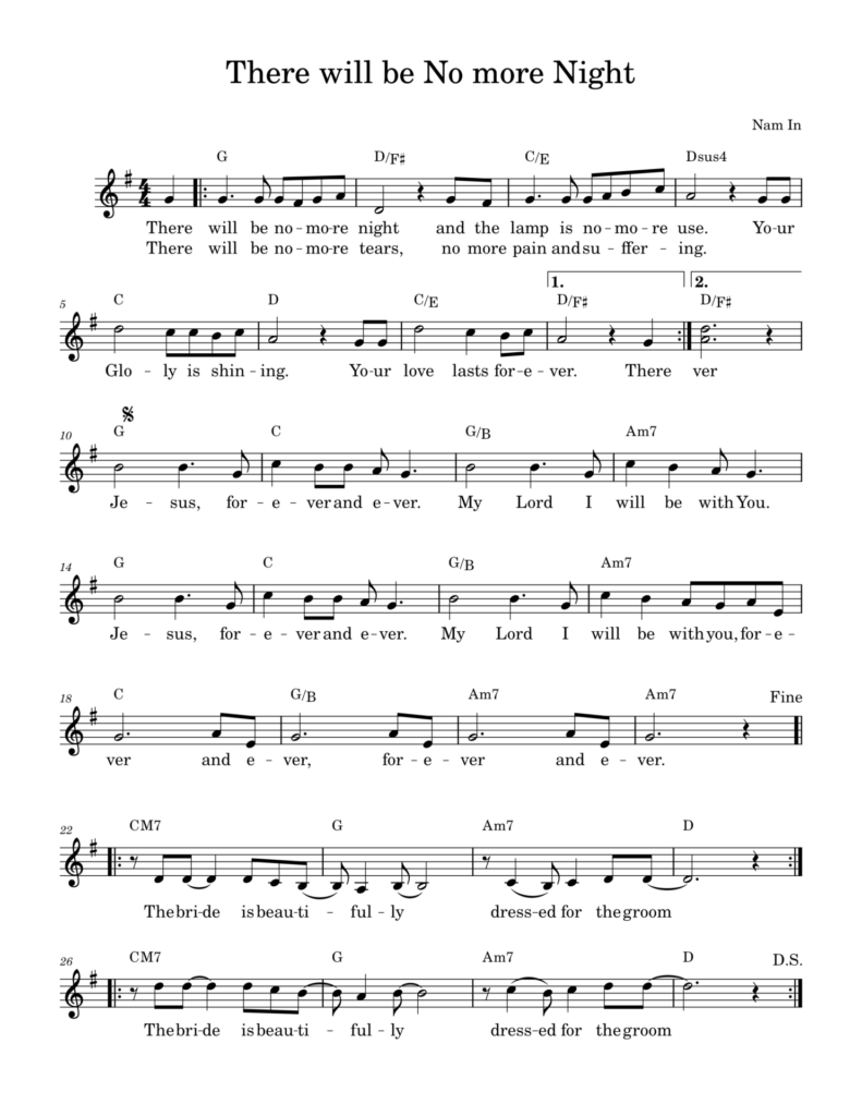 There will be No more Night - Sheet Music - G Key